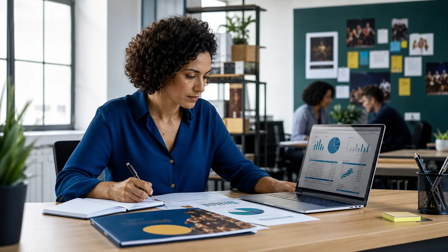 Captadora analisando dados de empresas patrocinadoras para um projeto cultural