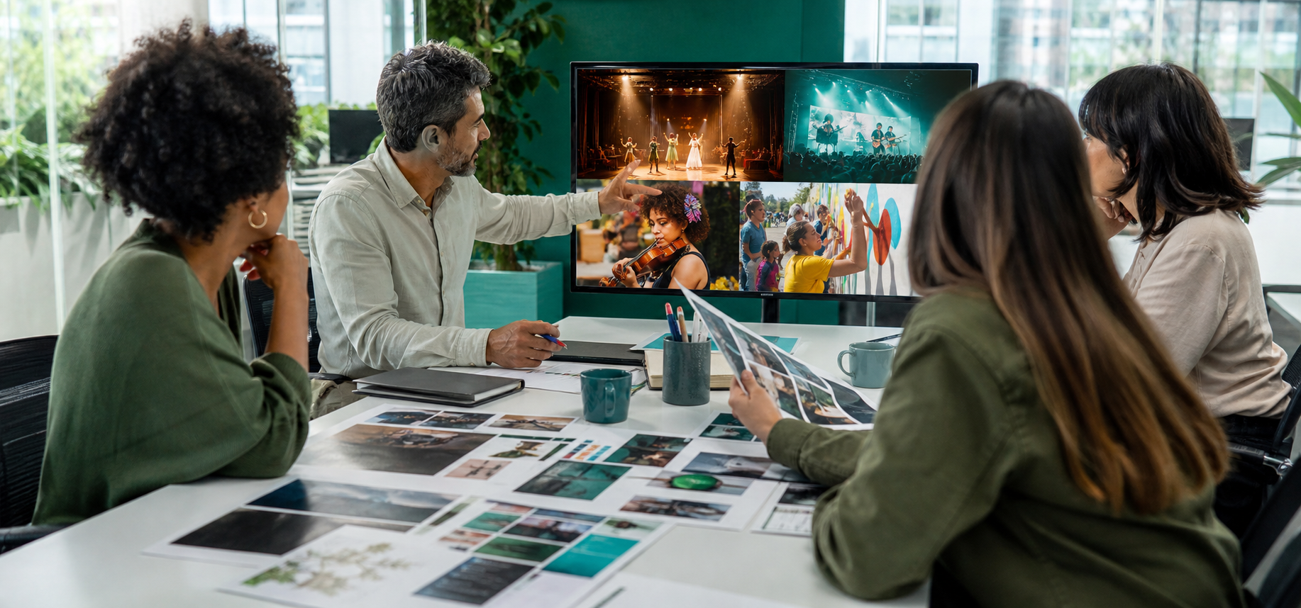 Equipe brasileira de marketing comparando projetos culturais para uma estratégia de marca