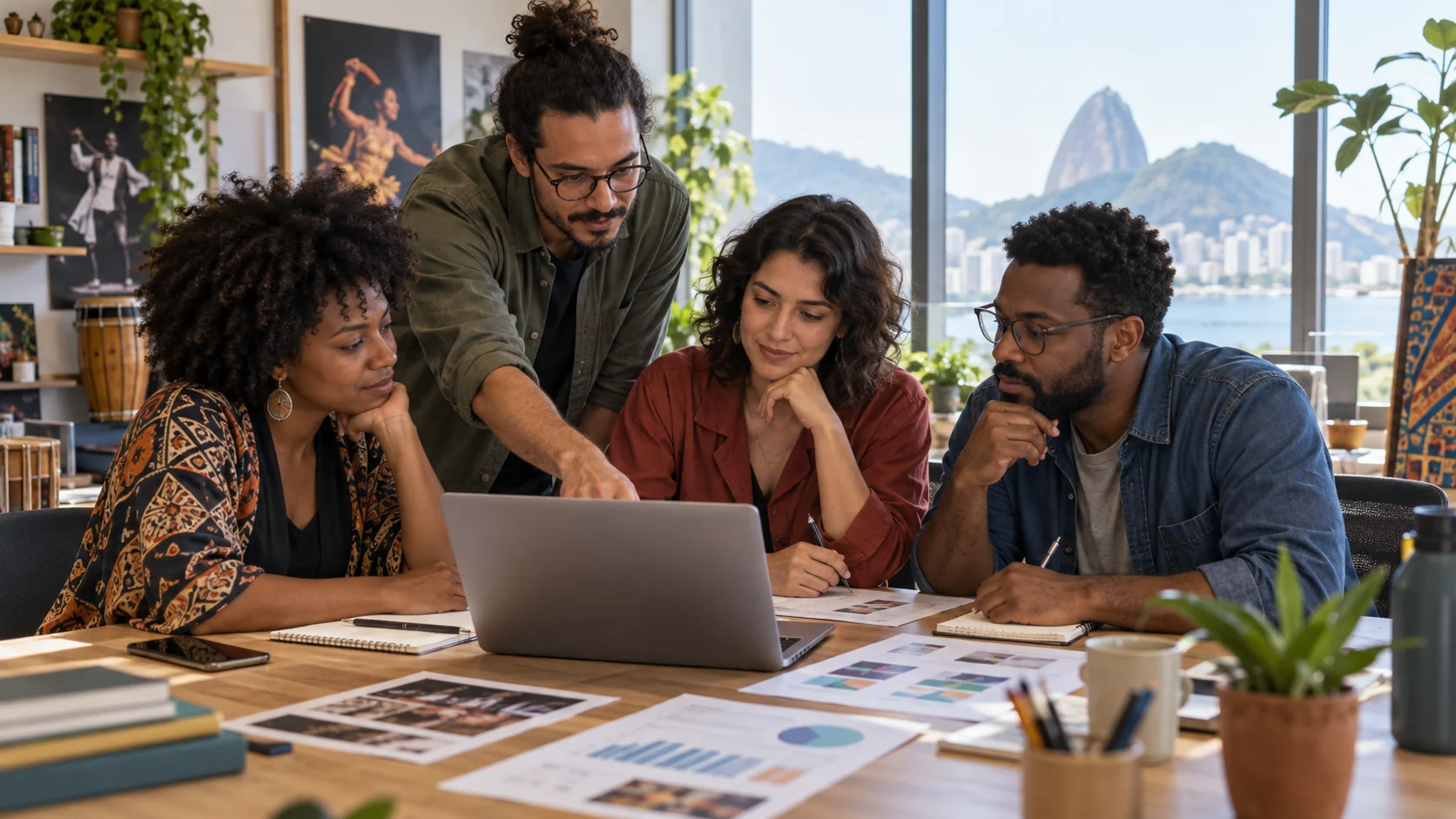Equipe brasileira de produção cultural comparando dados de patrocínio e projetos em uma mesa de trabalho